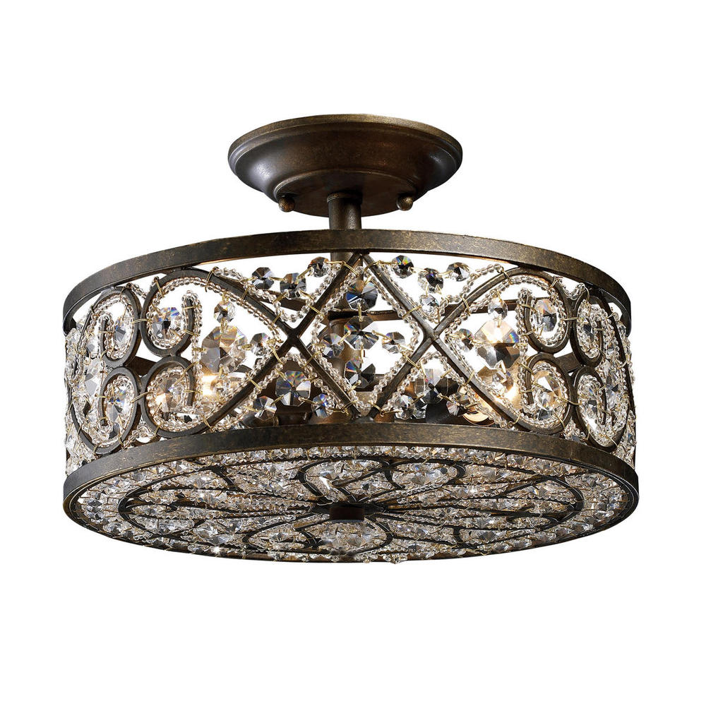 Amherst 4-Light Semi Flush in Antique Bronze with Clear Crystal and Beaded Glass Diffuser