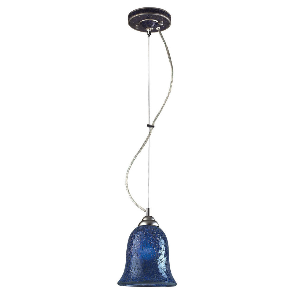 BELLISIMO COLLECTION 1-LIGHT BELL PENDANT in SATIN SILVER with A BLUE CRACKLED G