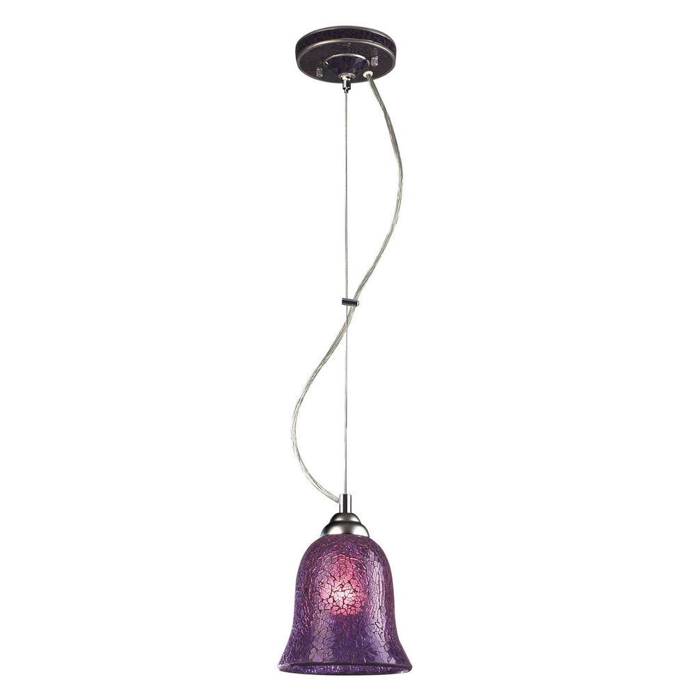 BELLISIMO COLLECTION 1-LIGHT BELL PENDANT IN SATIN SILVER WITH A PURPLE CRACKLED