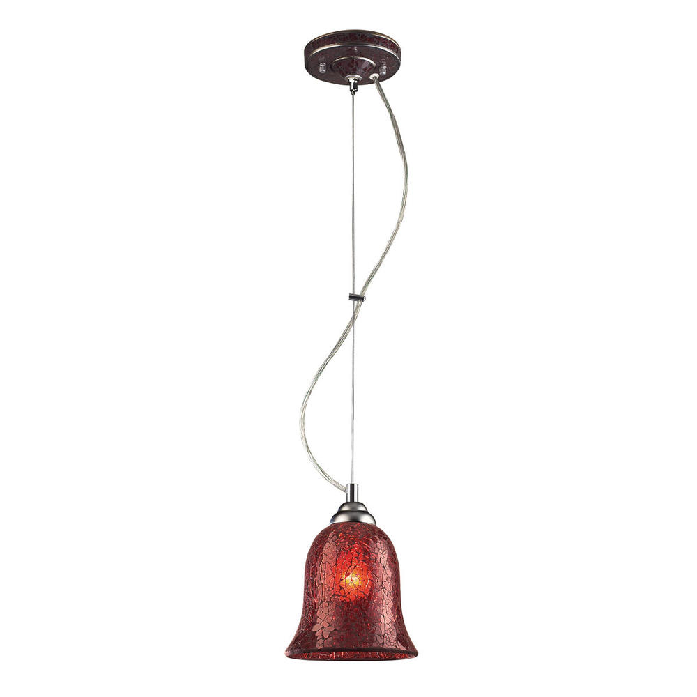 BELLISIMO COLLECTION 1-LIGHT BELL PENDANT in SATIN SILVER with A RED CRACKLED GL