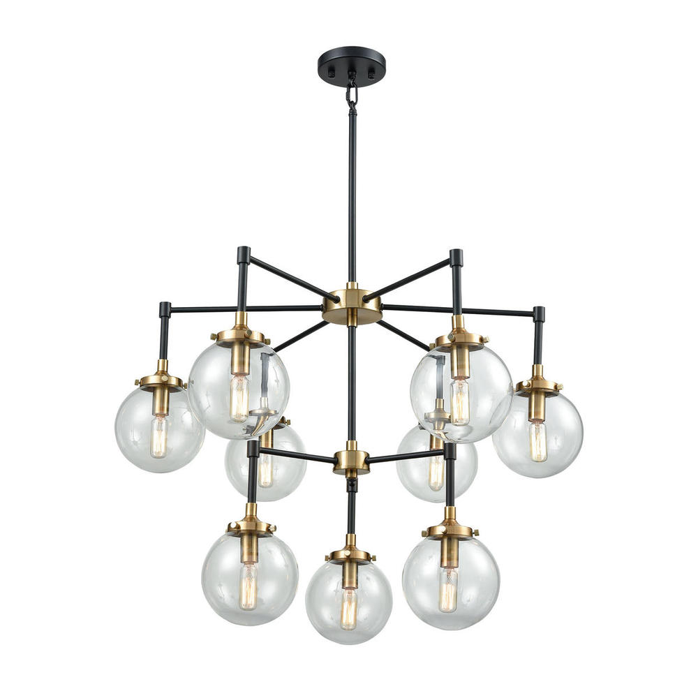 Boudreaux 9-Light Chandelier in Matte Black and Antique Gold with Sphere-shaped Glass