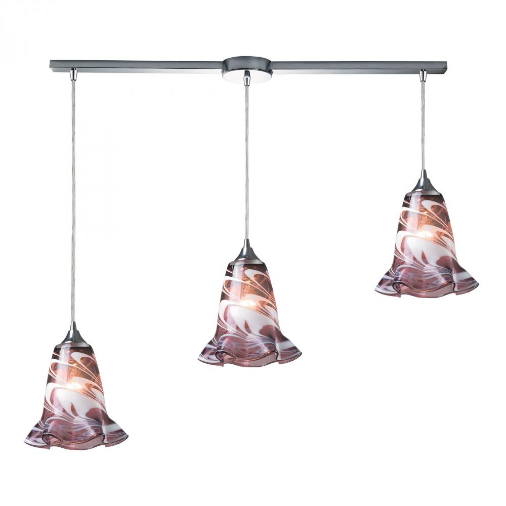 Vestido 3-Light Linear Pendant Fixture in Polished Chrome with Multi-colored Swirl Glass