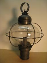 Northeast Lantern 2543-AC-LT3-CSG - Caged Onion Post Antique Copper 3 Candelabra Sockets Clear Seedy Glass